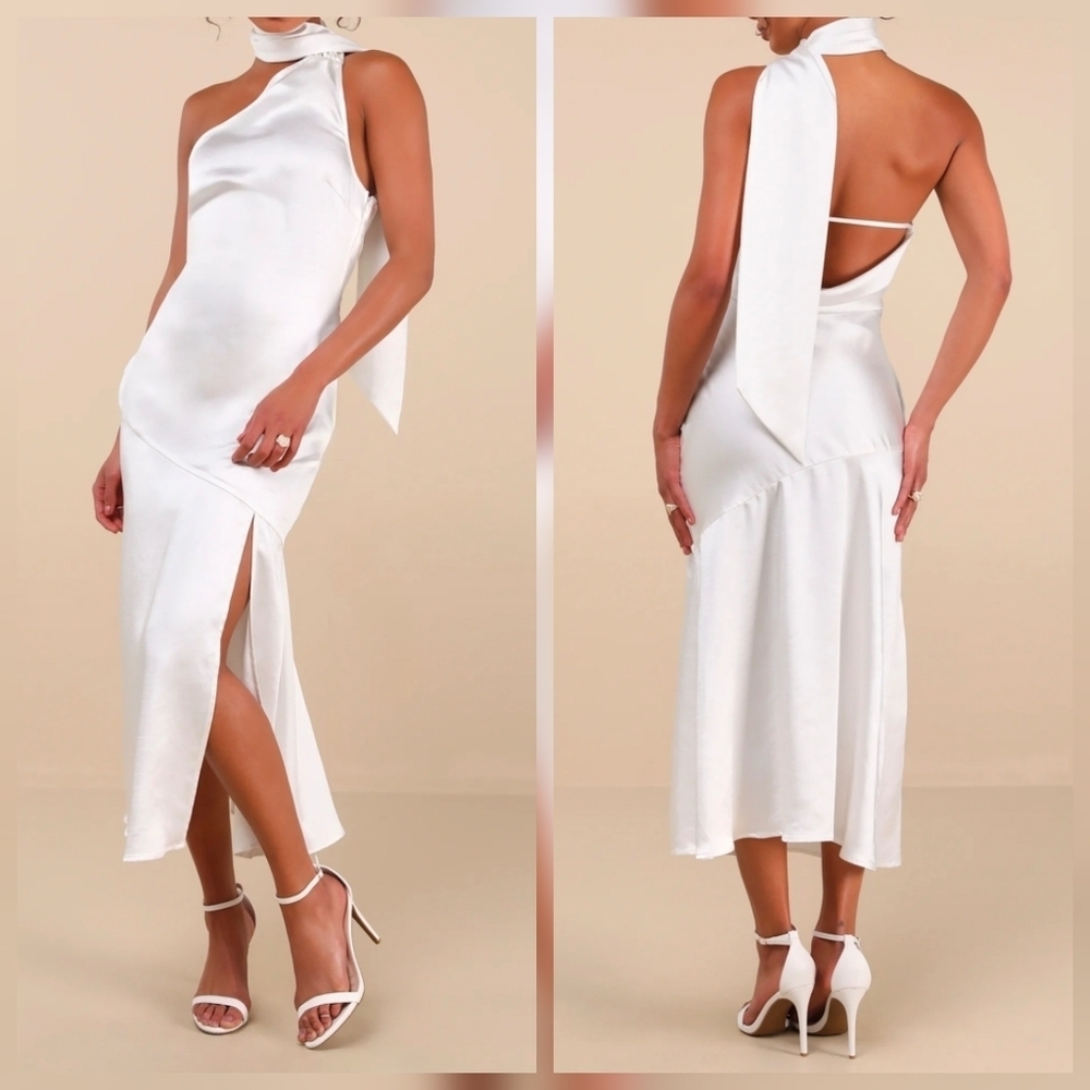 Lulus Reglan White Satin One-Shoulder Sash Cowl Back Midi Dress